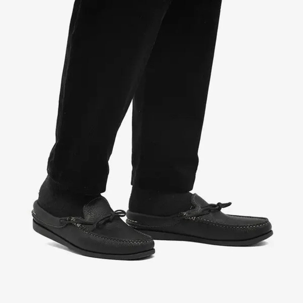 Easy Moc Mens Handmade In USA Black Leather Vibram Slip On Boat Shoe Sandal 10.5